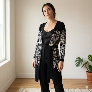 Diane von Furstenberg Cardigan Womens Large Black White Leaf Merino Wool Duster